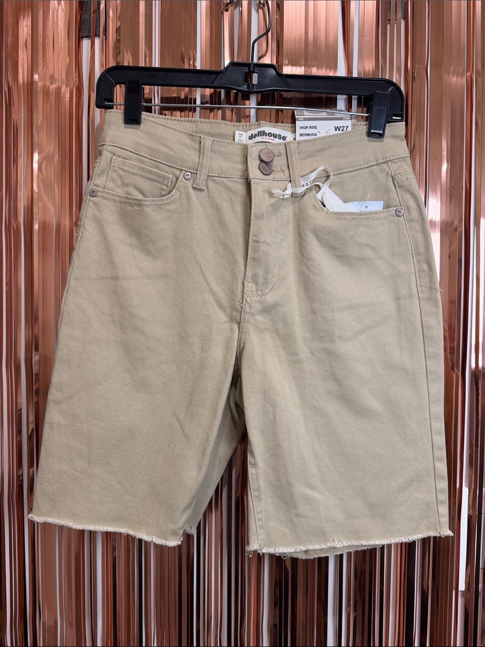 Dollhouse Tan High-Rise Bermuda Shorts with Frayed Hem